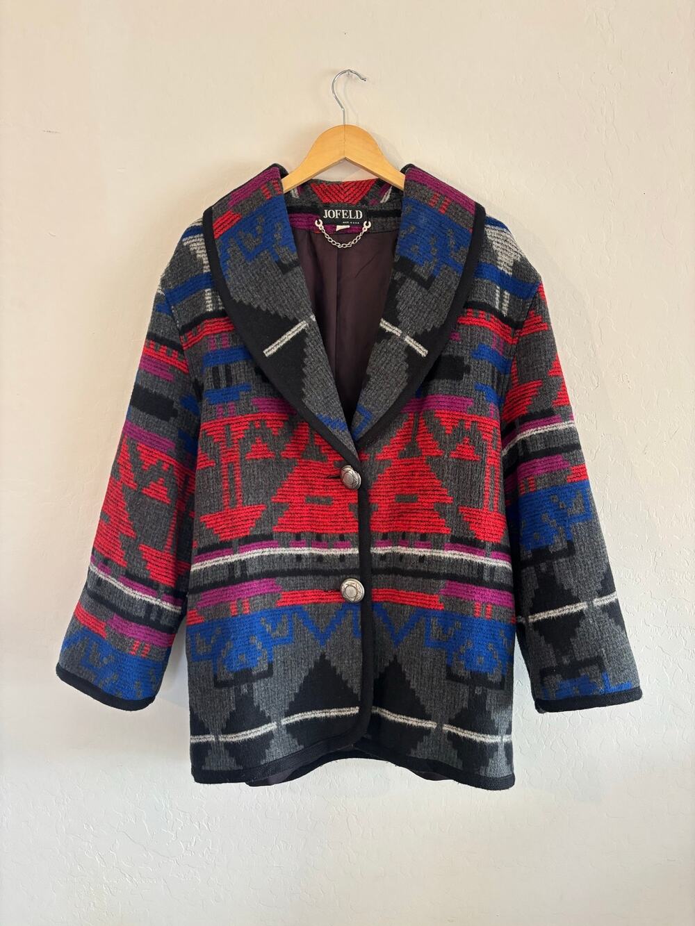 Vintage 80s Jofeld Wool Blanket Jacket Medium Aztec Southwest Cowgirl Made USA